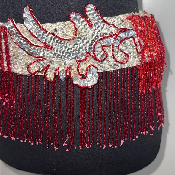 Vintage Beaded Burlesque Fringe Belt | Showgirl Stage Costume | Red & Silver main image 6